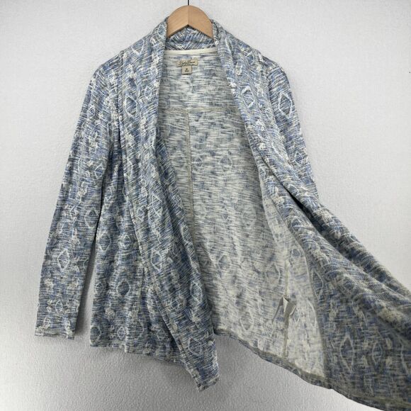 LUCKY BRAND Cardigan Womens M Ikat Southwestern Open Front Shawl Slub Blue - Picture 3 of 13